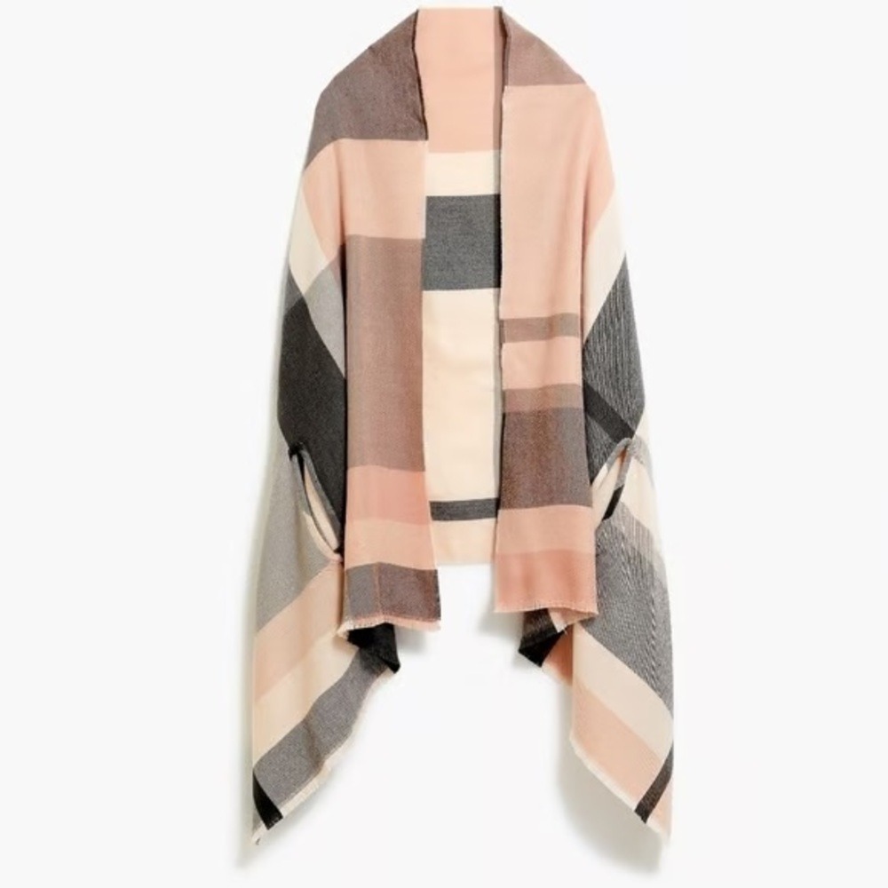 J. Crew Factory Plaid Ruana Wrap Pink Grey Ivory Check Shawl Poncho One Size